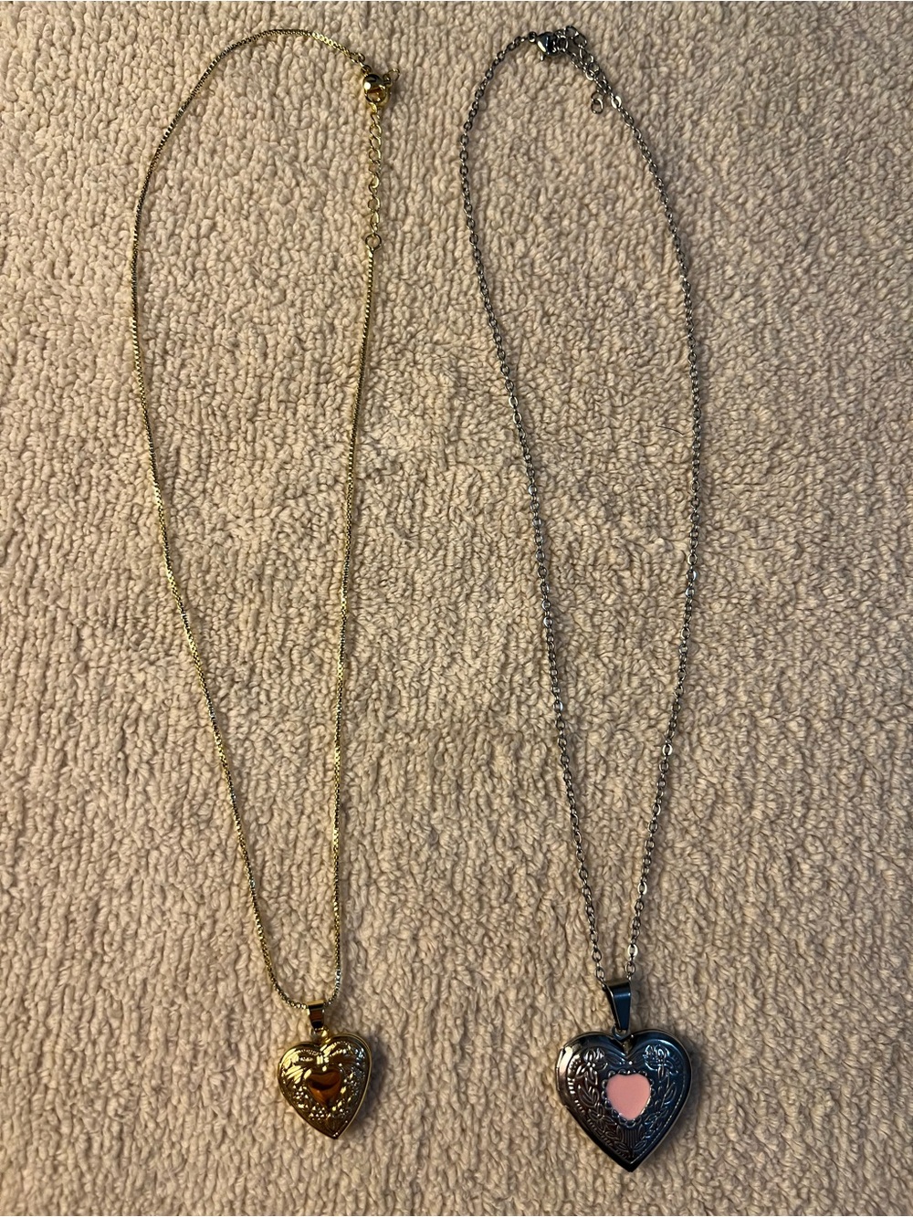 Heart Locket Necklace Duo - Gold & Silver with Pink Accent